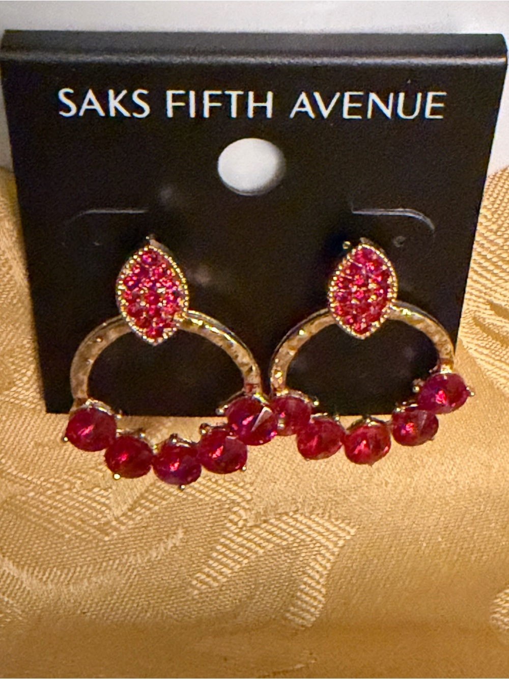 Saks Fifth Avenue Golden Hoop Earrings with Fuchsia Red Crystals